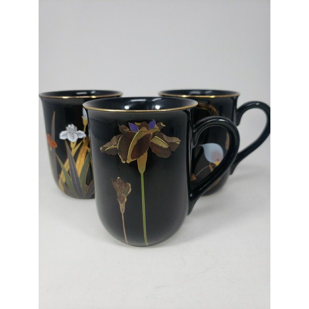 Otagiri Coffee Mugs Japan Vintage 1980s Golden Iris Calla Lily Black Gold Trim